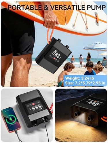 AIRSURE 20PSI High Pressure Electric Paddle Board Pump, Rechargeable Battery-Powered, Electric SUP Air Pump with 12V DC Car Connector, Intelligent Dual Stage for Inflatable Paddle Board, Kayak, Boats - Thumbnail 4