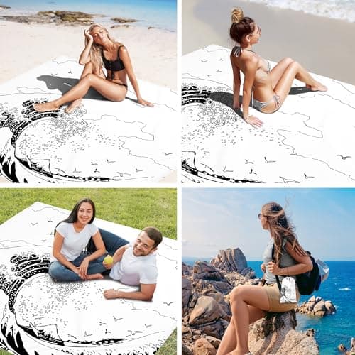 Beach Blanket, Large Sandproof & Waterproof Picnic Blankets, Quick Drying Sand Free Lightweight Beach Mat with 4 Stakes & Pockets for Outdoor Travel Camping Hiking Vacation Essentials - The Great Wave - Thumbnail 4