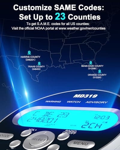 Emgykit MD319 NOAA Weather Alert Radio with S.A.M.E Localized Programming, 23 County Codes & 80+ Emergency Alerts, Battery Backup, Alarm Clock, External Antenna and Warning Light for Home & Emergency - Thumbnail 4