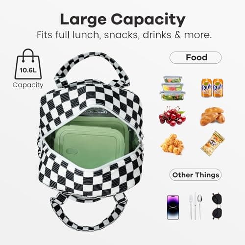 Yarnic Corduroy Lunch Bag Women Insulated, Large Lunch Box for Work with Bottle Pockets, Stylish Reusable Cooler Tote for Adults Teachers Picnic (black White Checkered) - Thumbnail 4