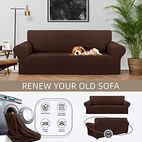 KEKUOU Stretch Sofa Cover Slipcover ，Couch Covers for 3 Cushion Couch Sofa pet Friendly (78"-94") Furniture Protector Sofa with Elastic Bottom for Kids,Dog, Jacquard Small Checked(Large,Chocolate) - Thumbnail 3