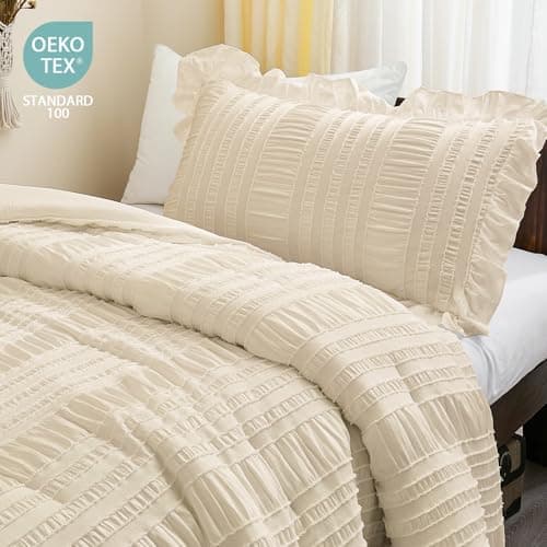 WONGS BEDDING Beige Comforter Set Full, 3 Pieces Ruffle Shabby Chic Comforter for Dorm Room Essentials for Full Bed, Soft Seersucker Bedding Set with 1 Comforter, 2 Tufted Pillowcases 90"×78" - Thumbnail 4