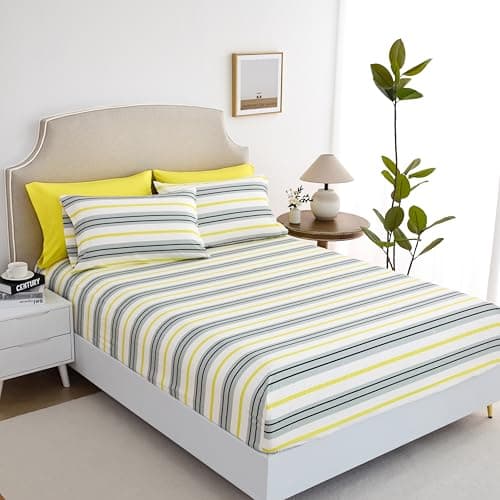 Spirit Linen home King Size Bed Sheets Set Deep Pockets - 6PC Stripes Ultra Soft Microfiber Bed Sheets - Easy to Clean, 90 Thread Count Sheets Includes 1 Fitted, 1 Flat, 2 Pillowcases (Grey/Yellow) - Image 1