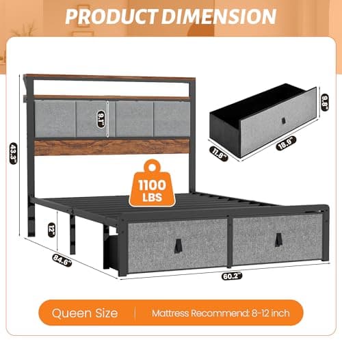 BOVONO Queen Bed Frame with 2 Storage Drawers and Charging Station, Bed Frames with Upholstered Headboard, Metal Platform Bed with 2-Tier Open Shelves, No Box Spring Needed, No-Noise, Grey, Gift - Thumbnail 2
