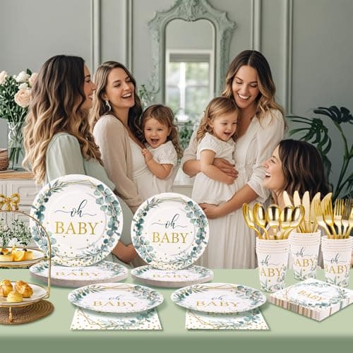 Gudvilla 140PCS Sage Green Baby Shower Decorations for Boy, Baby Shower Plates and Cups and Napkins Sets Serves 20, for Eucalyptus Boho Boy Neutral - Thumbnail 6