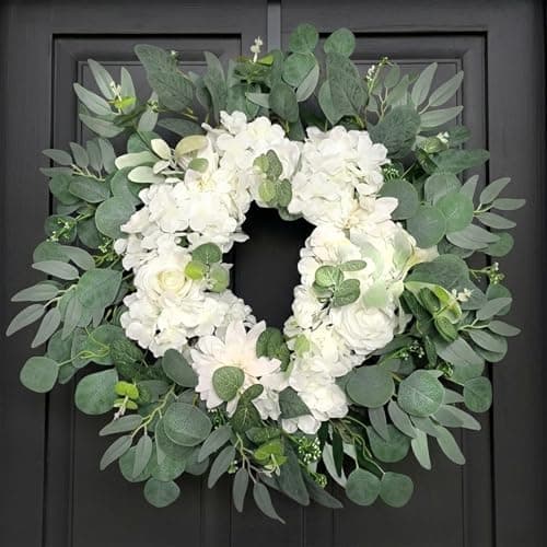 26" White Rose Flower Wreath - Artificial Silk Dahlia Hydrangea Wreath for Front Door - Large Summer Wedding Wreath, Year-Round Modern Farmhouse Wall Decor, All-White - Image 1