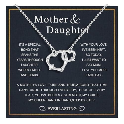 Juvux Double Heart Necklace for Women – 14K White Gold Plated Zircon Pendant, Dainty Two Heart Necklace, for Mom, Valentine's Gift for Wife, Jewelry Necklace for Mother （Mom Card） - Image 1