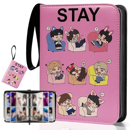 KEFEIKJ Cute Trading Photocard Binder, STAY Photo Album Cartoon Card Holder Book Storage 400 Cards with Sleeves for Lomo Cards Gift - Boys & Girls, idol Photo Protect (Pink, 4 Pockets) - Image 1