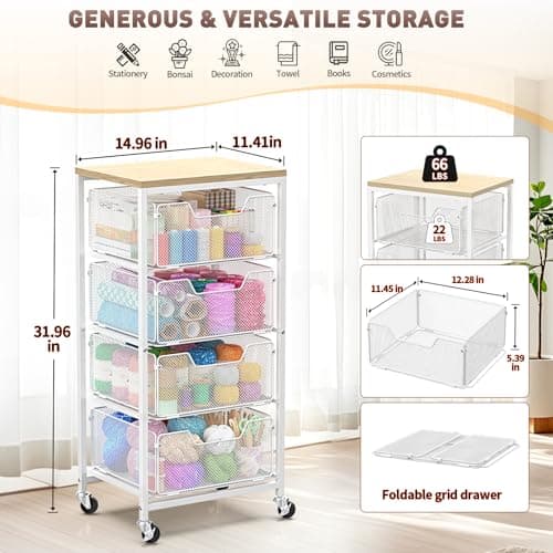 SUNALLY Rolling Kitchen Cart with Drawers, 4-Tier Utility Cart Fruit Vegetable Storage Cart with Lockable Wheels, Wooden Top Metal Kitchen Storage Organizer for Cans, Snacks, Beauty, Craft, Art, White - Thumbnail 3