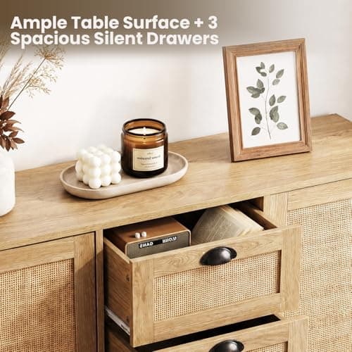 GREEN PARTY 47.2" Rattan Sideboard Buffet Cabinet, Coffee Bar Cabinet with Storage, 3 Drawers and 2 Doors, Boho Kitchen Storage Cabinet for Dining Room, Living Room, Entryway - Thumbnail 4