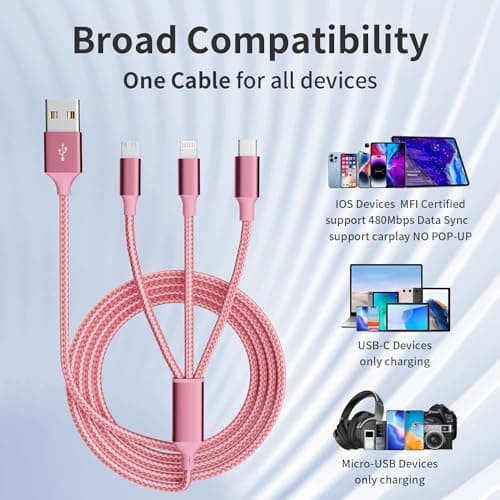 Multi Charging Cable,(2Pack 4FT) 3 in 1 Charging Cable for Multiple Devices, Nylon Braided Universal Charger Phone Charger Cord with Type-C,Micro USB,IP Port for iPhone16/15 Series/Phone&Pad-Pink - Thumbnail 6