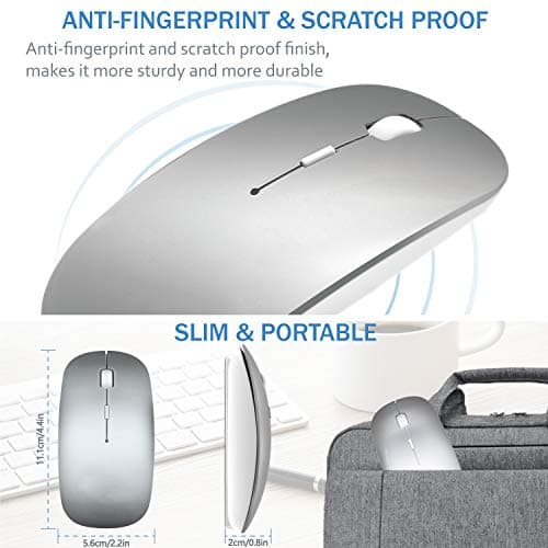 Bluetooth Wireless Mouse for MacBook Air Mac Pro Laptop Computer iPad Pad PC Laser Optical Rechargeable Mini Slim Silent Mouse Widely Used Desktop Hp iMac (Silver) - Thumbnail 5
