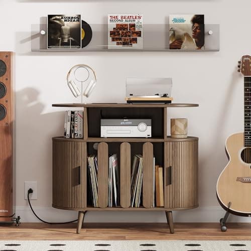Azaeahom Record Player Stand with Vinyl Storage, Record Player Table with Charging Station, Record Holder & Record Shelf for 150+ Albums, Vinyl Record Storage Cabinet, Turntable Stand for Living Room - Thumbnail 3