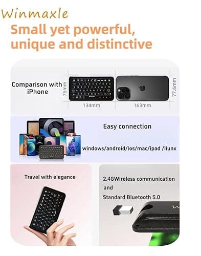 Winmaxle Mini Keyboard with Bluetooth 5.0/2.4G Dual Mode, Gyroscopic Motion Mouse, 64 Keys, RGB Backlight Options, Rechargeable Battery, Type-C Win/iOS/Android/ (Black) - Thumbnail 5