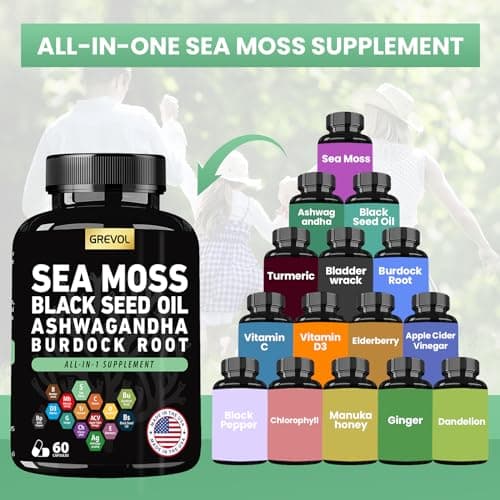 Sea Moss Black Seed Oil Ashwagandha Bladderwrack Burdock Root Turmeric & Vitamin C D3 Elderberry ACV Black Pepper - Multimineral Supplement - 60 Count - Thumbnail 2