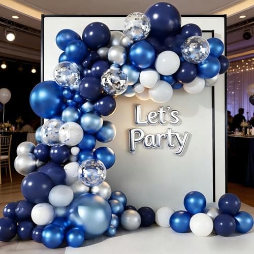 Blue White Silver Balloon Garland Arch Kit, 143 Pieces Navy Light Metallic Blue Silver White Confetti Balloons for Birthday Party Wedding Bridal Shower Graduation Decorations - Thumbnail 4