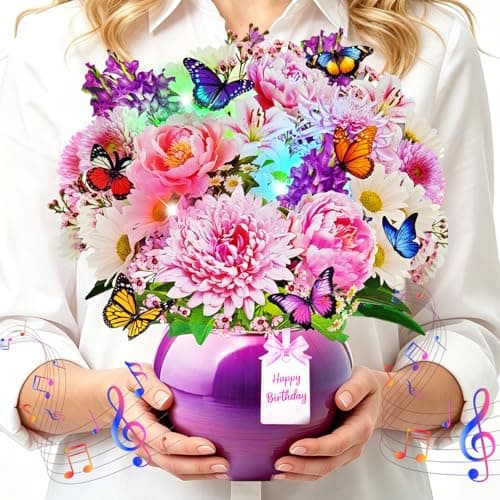 Rayilyn Happy Birthday Musical Cards for Women Mom, 3D Pop-Up Greeting Card with Light & Music, 10 Inch Peony & Gerbera Flower Bouquet & Butterflies Design Gift Card for Woman, Lady, Sister