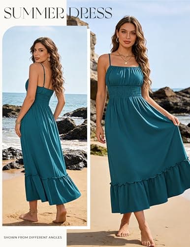 GRACE KARIN 2026 Summer Maxi Dresses for Women, Smocked Spaghetti Strap Long Dress, Flowy Boho Beach Sundress Teal S - Thumbnail 4