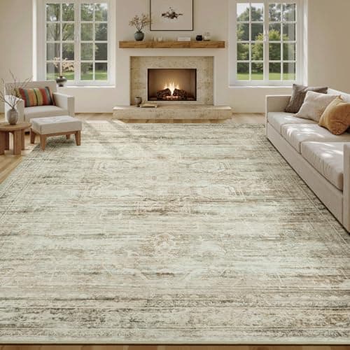 Carpelux Large Area Rugs 9x12 Living Room, Washable Soft Faux Wool Carpet for Bedroom Dining Room, Neutral Vintage Distressed Non Slip Stain Resistant Beige Rug for Office Decor