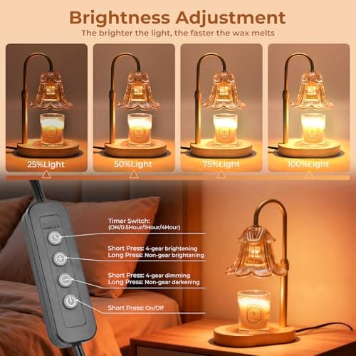 Lsctiff Candle Warmer Lamp with Timer Dimmable, Wax Melt Warmer Adjustable Height, Flower Warmer Lamp with 2 Bulbs for Jar Candles, House Warming New Home Decor, Gift for Mom Women (Amber) - Thumbnail 4
