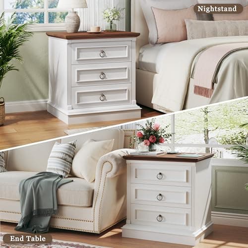 HUAHUU Farmhouse Nightstand with Wireless Charging Station, Side Table with Roman Column, Wood Rustic End Table with Metal Handle for Bedroom, White - Thumbnail 6
