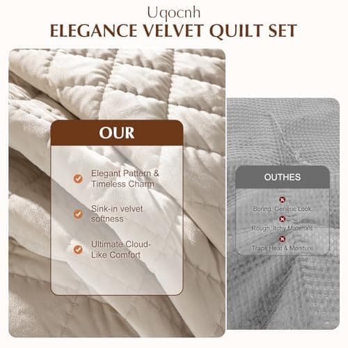 Uqocnh Luxury Velvet Quilt Set Queen Size 3 Piece, Soft Channel Stitch Velvet Comforter Set with 2 Pillow Shams, Lightweight Coverlet Bedspread Bedding Set for All Seasons, Beige - Thumbnail 4