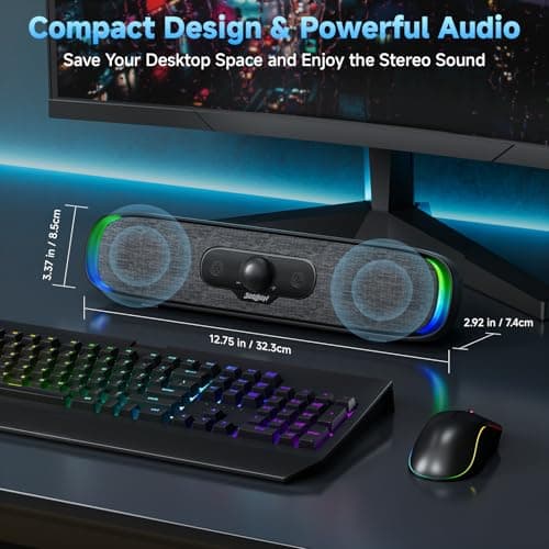SOULION Computer Speakers, USB C/USB Powered PC Speaker with Colorful LED Lights, Plug-N-Play Wired Bluetooth Sound bar with Rotary Control for Desktop Laptop Monitor Office Work Music Black - Thumbnail 3
