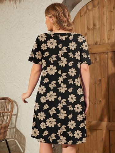AusLook Plus Size Midi Dress for Women V Neck Short Sleeve Summer Casual Loose Fit Vacation 5X Sundress with Pockets - Thumbnail 6