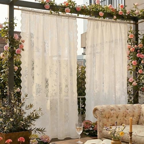 NICETOWN Outdoor Lace Sheer Curtains for Patio Waterproof, Rose & Butterfly Embroidered Curtains for Garden Privacy, Wavy Edge Rod Pocket Chic Gazebo Decoration 2 Panels, Ivory White, W54 x L96 in - Thumbnail 2