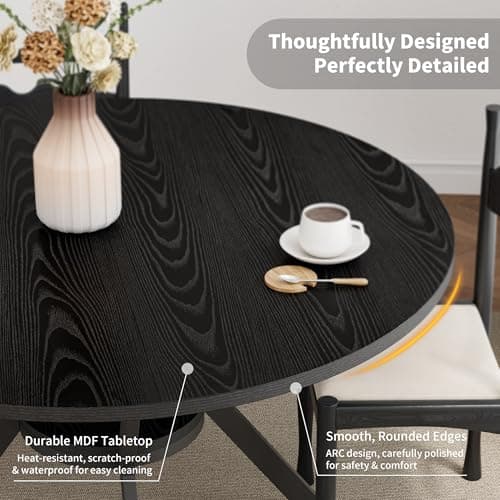 Black Dining Table for 2-4, 42 Inch Round Kitchen Table with Storage, Wooden Circle Dinner Table with Metal Legs, Rustic Mid Century Modern Dining Room Tables for Kitchen, Living Room, Dining Room - Thumbnail 4