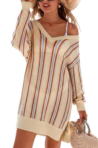 Arach&Cloz Womens 2026 Summer Swim Suit Cover Up Linen Blend Bathing Suits Swimwear Crochet Dress Long Sleeve V Neck Color Block Vacation Beach Outfits Apricot Stripe L - Image 1
