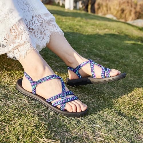 MEGNYA Comfortable Womens Walking Shoes for Supportive, Soft Hand-Woven Strap Sandals for Foot and Heel Pain, Wadable Slide Sandals for Summer Beach Boating Purple Blue Size 6.5 - Thumbnail 2