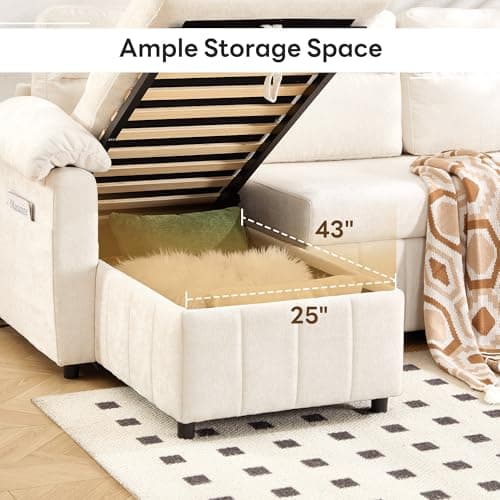 Tbfit 108'' Pull Out Sofa, Cloud Sleeper Sofa Bed with USB & 2 Storage Chaises, Comfy Oersized U Shaped Convertible Sectional Sleeper Couches for Living Room, Apartment, Office, White Sherpa - Thumbnail 6