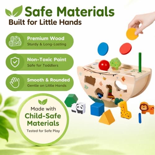 Humerry Montessori Busy Box for Toddlers 1-3, Wooden Object Permanence Coin Box with Shape Sorter & Animal Matching, Sensory Fine Motor Learning Toy with Wobble Base, Gift for 1 2 3 Year Old - Thumbnail 5