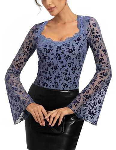Kate Kasin Mesh Long Sleeve Tops For Women, Lace Gothic Date Night Outfits - Image 1