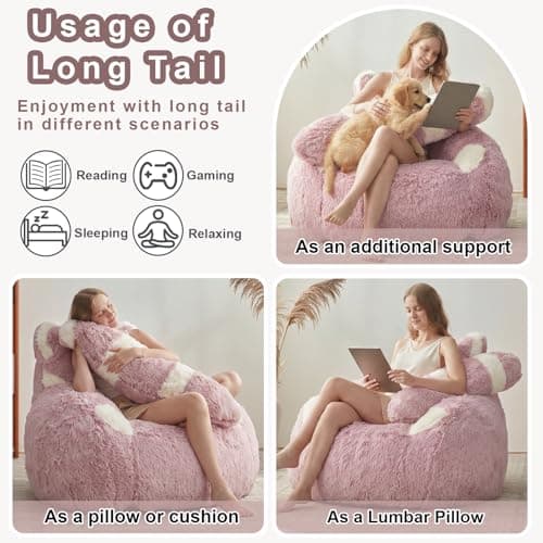 EBENCHICO Giant Bean Bag Chair for Adults Teens, Raccoon Shaped Faux Fur Bean Bag Sofa with Filler, Plush Beanbag Couch with Tail Pillow for Gaming, Reading, Bedroom, Dorm - Thumbnail 4