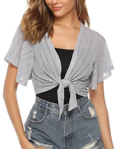 iClosam Women Sheer Shrug Tie Front Short Sleeve Cropped Bolero Shrug Cardigan Grey - Image 1