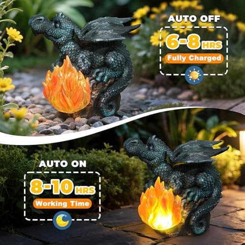 U WONDERFUL Solar Dragon Garden Decor, Porch Dragon Statue with Fiery Light - 6.8 inch Lawn Ornaments, Outdoor Decorative Art Gift for Patio, Yard, Backyard, Porch - Thumbnail 6