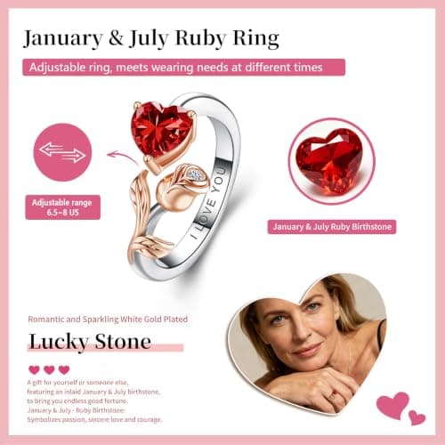 1CT Rose Heart Adjustable Ring 6.5~8 Ruby Ring White Gold Plated Ruby VVS1 D Clarity 18K Rose Gold Gift for Wife Mother Daughter Birthday Wedding Engagement Christmas Anniversary Mothers Day Gift for Mom Bride - Thumbnail 3