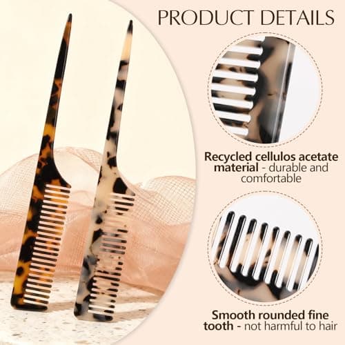 Auseibeely 2 Pack Rat Tail Combs for Women, Fine Tooth Hair Parting Comb Root Teasing Hair Styling Tools for Braiding, Friendly Recycled Cellulose Acetate Comb Anti Static(Tortoise Shell, Ivory) - Thumbnail 2