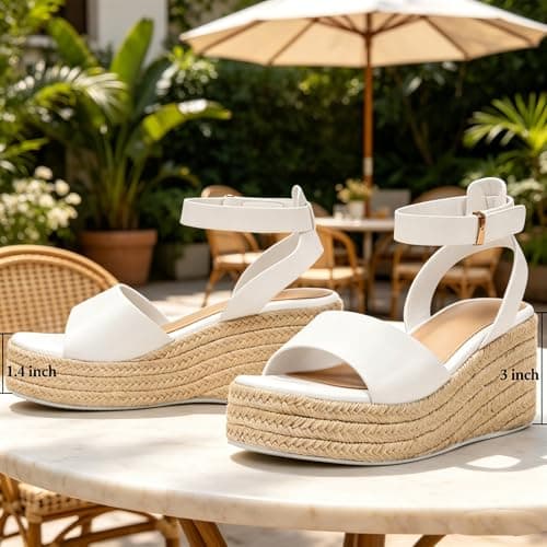 COMFITORIA Wedge Sandals for Women Espadrille Platform Wedge Heels Adjustable Strap Braided Sandal Summer Open Toe Vacation Slip-On Sandals Bohemia Beach Comfortable Dressy Shoes,(White, Size 7) - Thumbnail 3