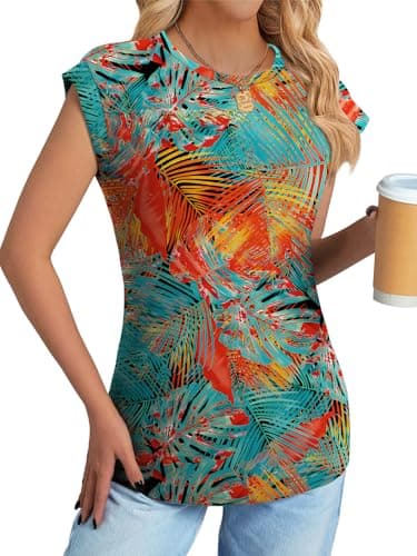 NORACORA Womens Spring Summer Floral Print Blouse Lightweight Cap Sleeve Shirts Dressy Casual Tunic Tshirts Shirts for Women Trendy Tropical Vacation Outfits Tropical Leaves XL - Thumbnail 3