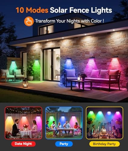 KOOPER Solar Fence Lights Outdoor Waterproof, 8 Pack Warm White & 9 Fixed Colors & Color Changing Fence Lights Solar Powered, Solar Lights Outdoor Fence for Outside Backyard Railing Patio Wall Deck - Thumbnail 3