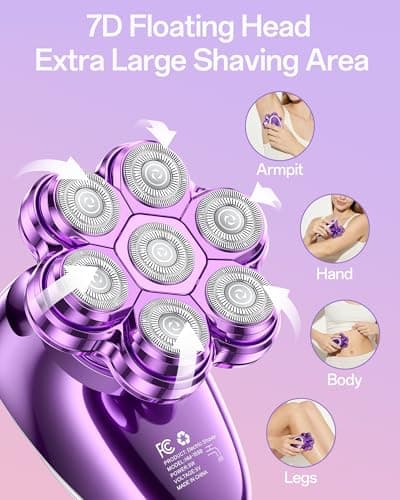 5-in-1 Electric Razors for Women, 7D Magnetic Heads Full Body Shaver, Waterproof Wet Dry Hair Remover with LED Display, Rechargeable Bikini Trimmer for Underarms, Face, Legs, Lips, Arms (Purple) - Thumbnail 2