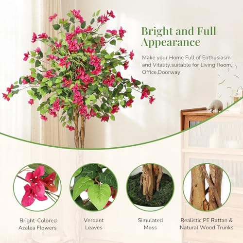GarveeHome 6 ft Artificial Bougainvillea Tree, Tall Potted Fake Tree Indoor, Faux Tree with Wood Trunk and Pink Flowers for Outdoor - Thumbnail 6