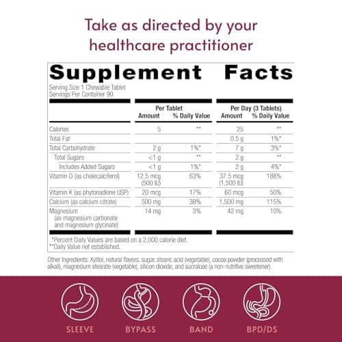 Bariatric Advantage Calcium Citrate Chewable 500 mg - for Bariatric Surgery Patients - High-Potency, Easy-Digest Tablets - Calcium Citrate - Bone Strength Supplements* - Chocolate - 90 Count - Thumbnail 4