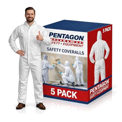 PENTAGON SAFETY EQUIPMENT - Disposable Overalls, Full-Coverage Hazmat Suit with Hood, Overalls for Men/Women, Pack of 5 White Coveralls for Extreme Work Environments & Various Applications, 2X-Large - Image 1