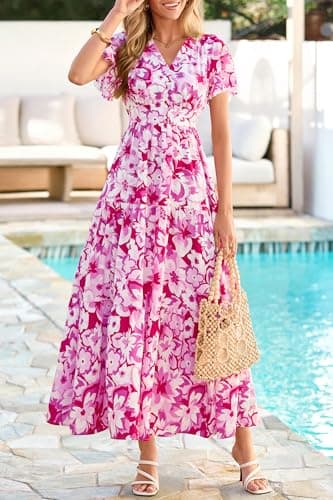 PRETTYGARDEN Women Summer Maxi Dresses 2026 Short Sleeve V Neck Button Floral Tiered Flowy Boho Sundress Beach Outfits(Floral White Rose Red,XX-Large) - Thumbnail 6