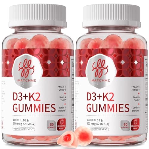 iMATCHME Vitamin D3 K2 Gummies for Adults, 10000 IU Vitamin D3 + 200 mcg K2 MK-7 with Omega-3, Magnesium & Zinc, Bone, Teeth, Heart & Immune Support, Sugar-Free Vegan, 60 Count(Pack of 2) - Image 1