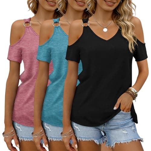 BOHOWE 3 Pack Sexy Cold Shoulder V Neck T-Shirts for Women Short Sleeve Basic Summer Fashion Tees - Image 1